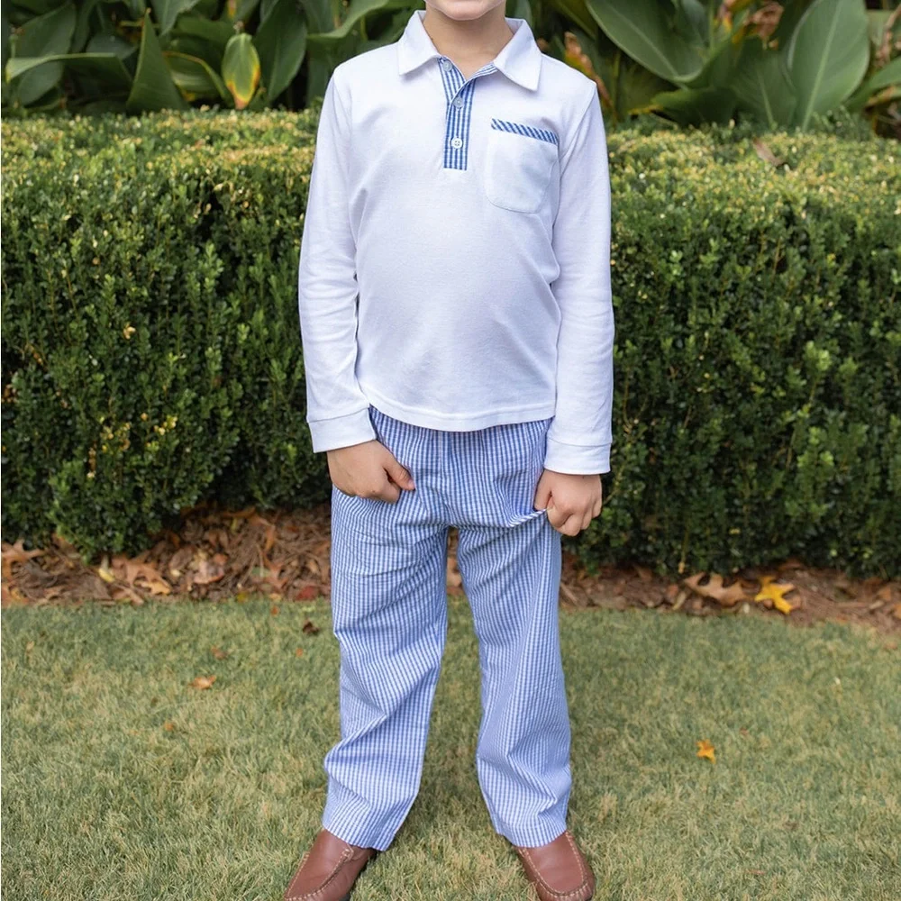 Grace & James Hudson Pant Long Sleeve Polo Shirt Set Blue Green Plaid Boys Sz 6